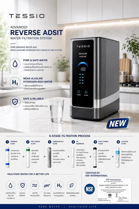 แผ่นข้อมูลสินค้า เครื่องกรองน้ำ RO TESSIO AQUALUXE ALKALINE 1